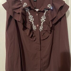 Brown Ruffled Bib Collar Blouse